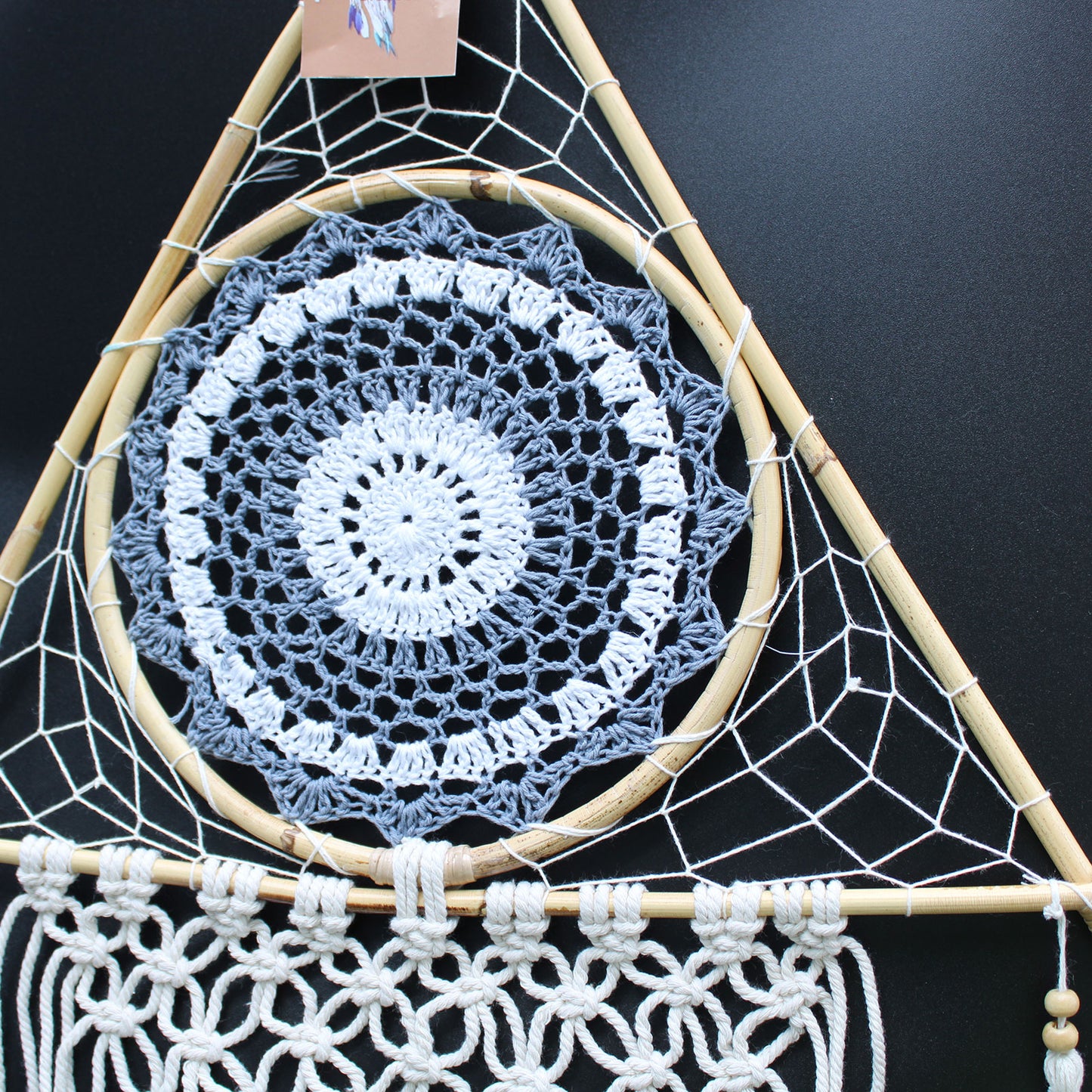 Dream Catcher - Lrg Macrame Pyramid White/Grey - Calico pony Creations