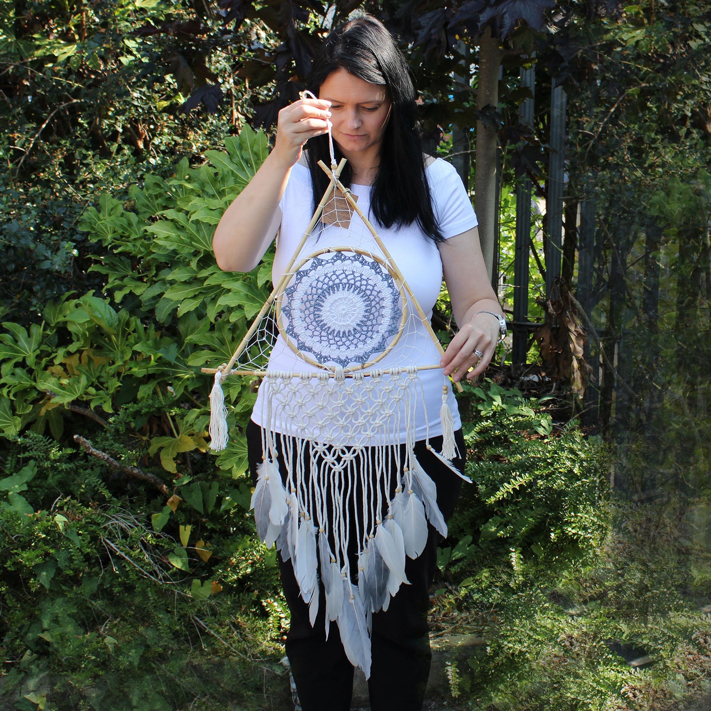 Dream Catcher - Lrg Macrame Pyramid White/Grey - Calico pony Creations