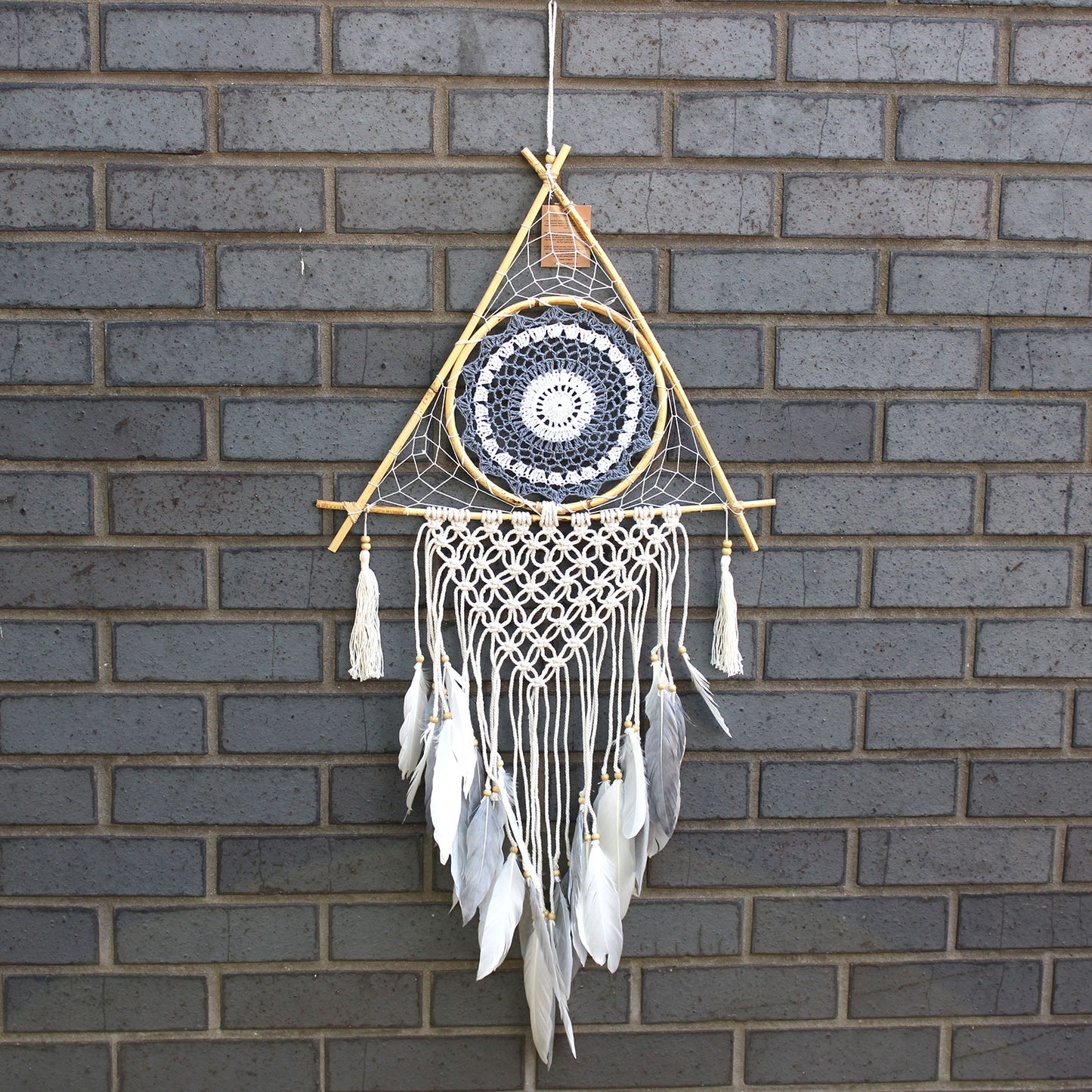 Dream Catcher - Lrg Macrame Pyramid White/Grey - Calico pony Creations