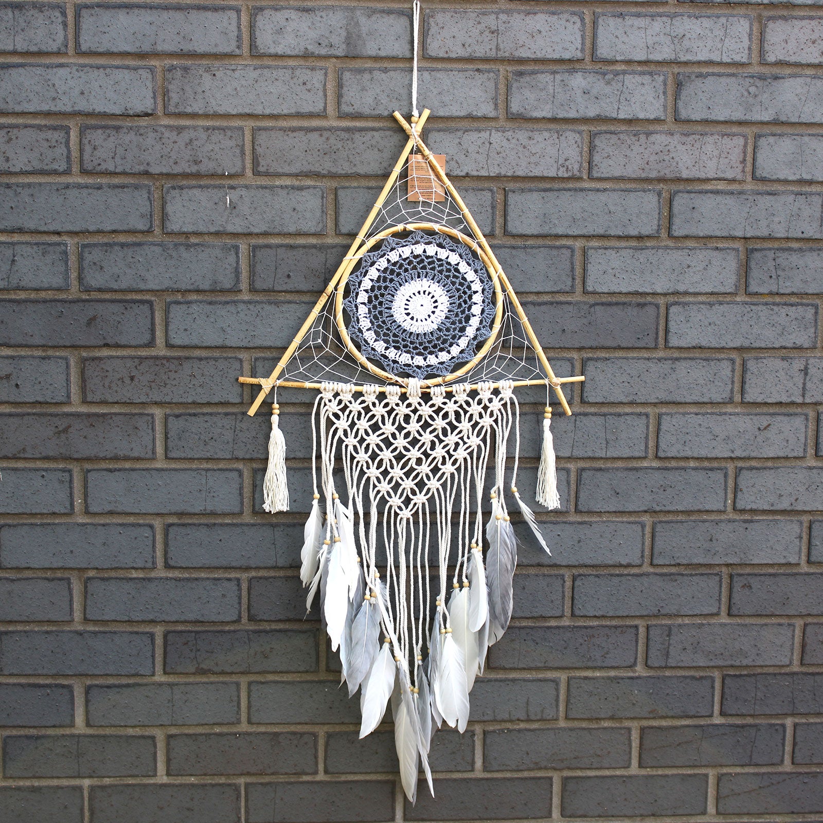 Dream Catcher - Lrg Macrame Pyramid White/Grey - Calico pony Creations